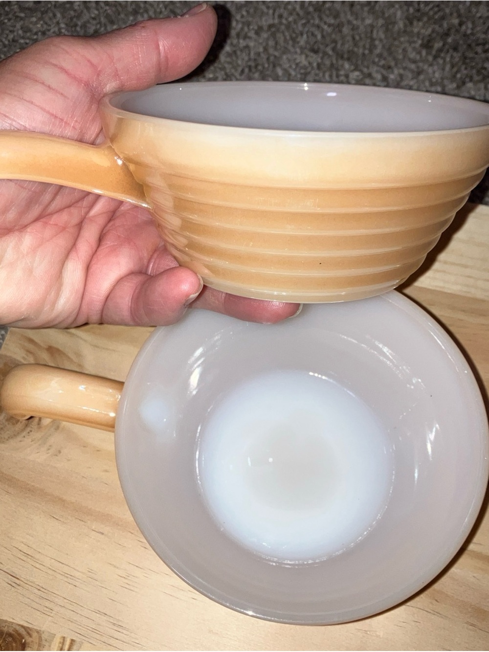 Fire King Peach and White Ribbed Coffee Cups - Set of 2